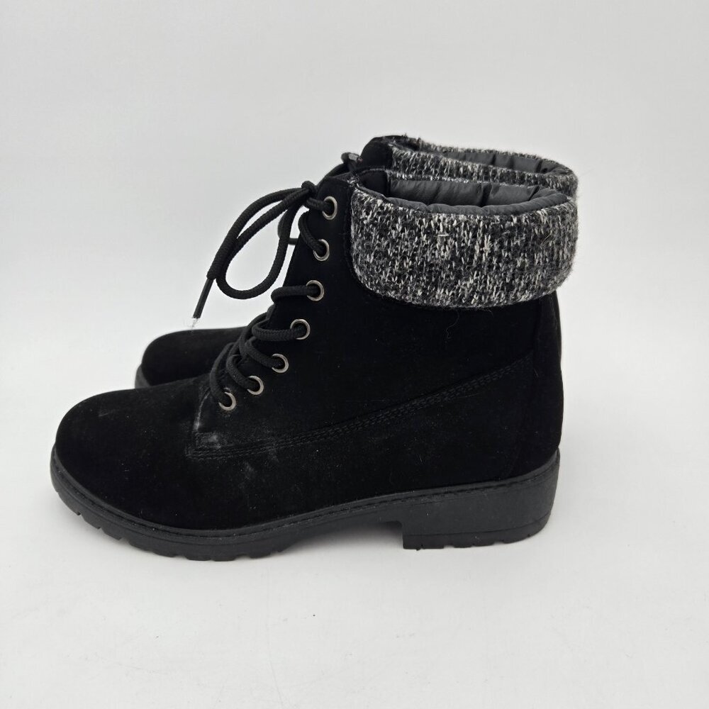 Blue Suede Shoes Boots Womens Black Lace up Faux Suede‎ Size 9 EUC Knit Trim - Picture 3 of 7